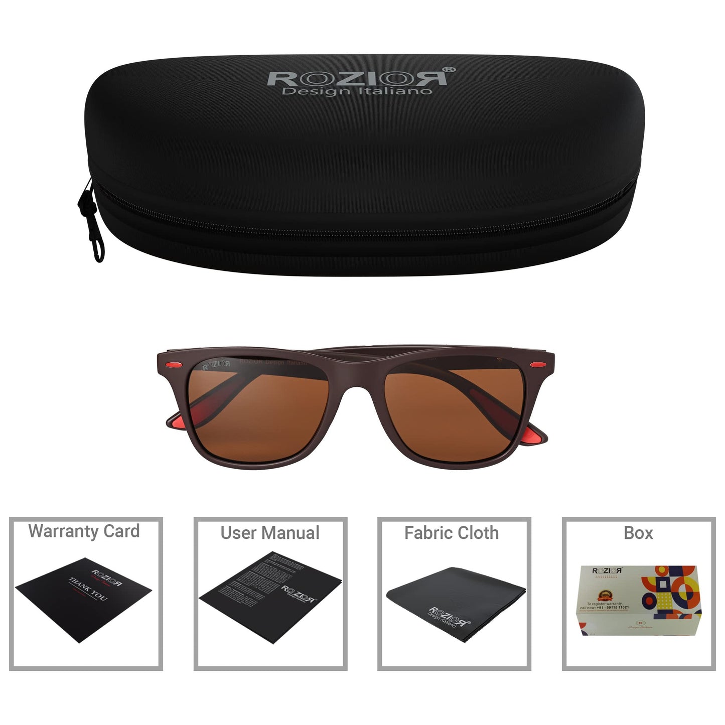 Side profile of ROZIOR unisex polarized sunglasses with lightweight brown frame and brown UV400 lenses