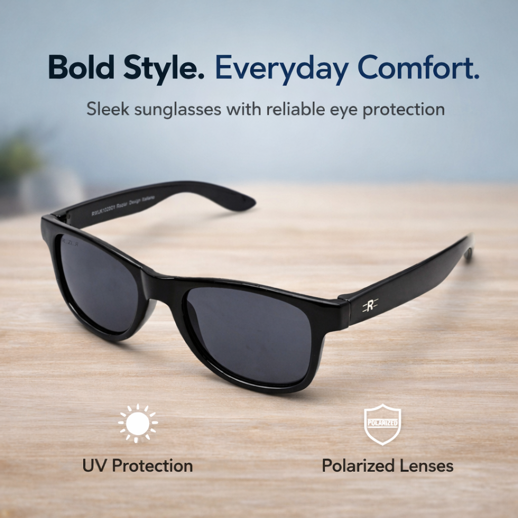 Close-up of ROZIOR unisex sunglasses featuring UV400 HD lenses and lightweight frame