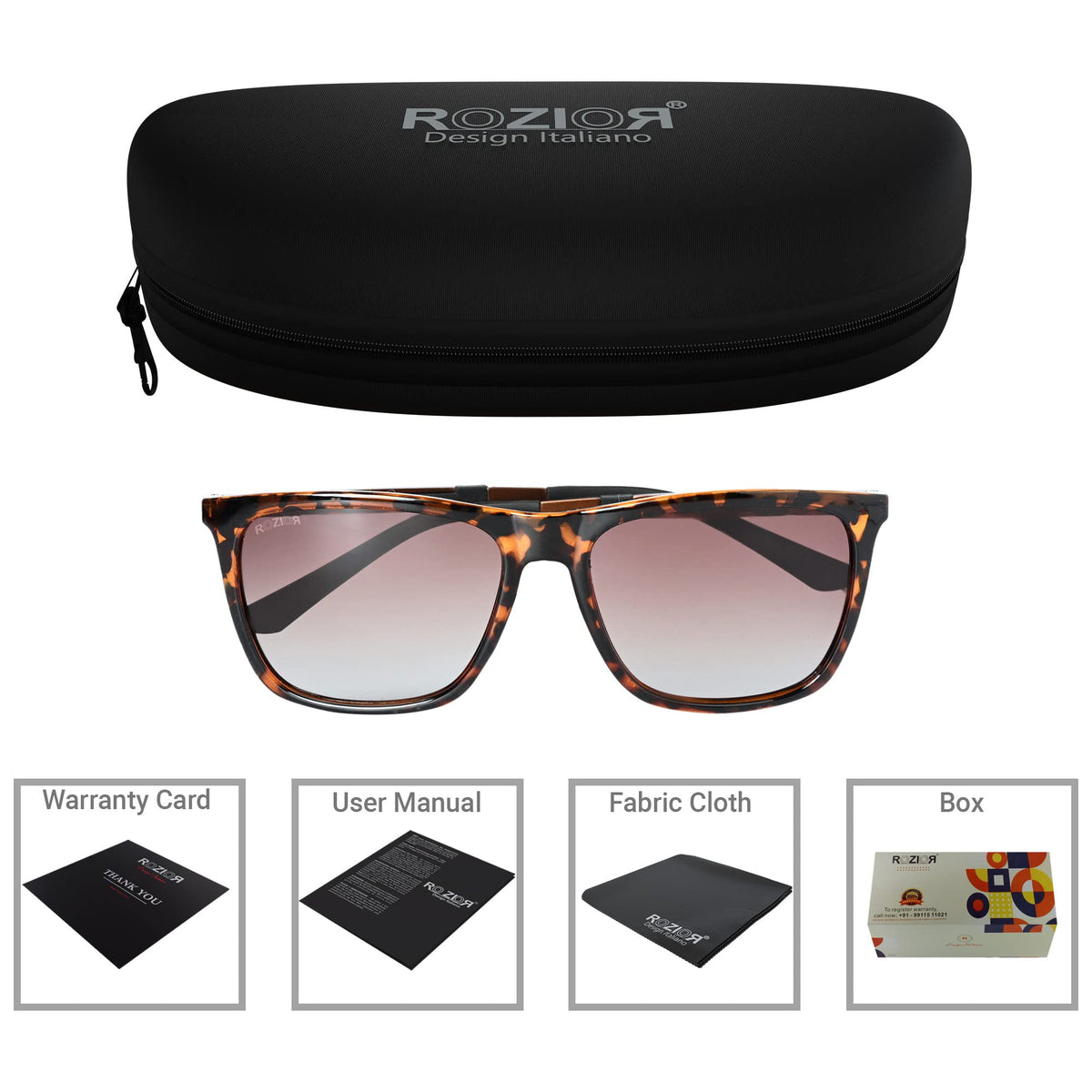 Side profile of ROZIOR UV400 polarized sunglasses with lightweight tortoise frame and gloss tea lenses