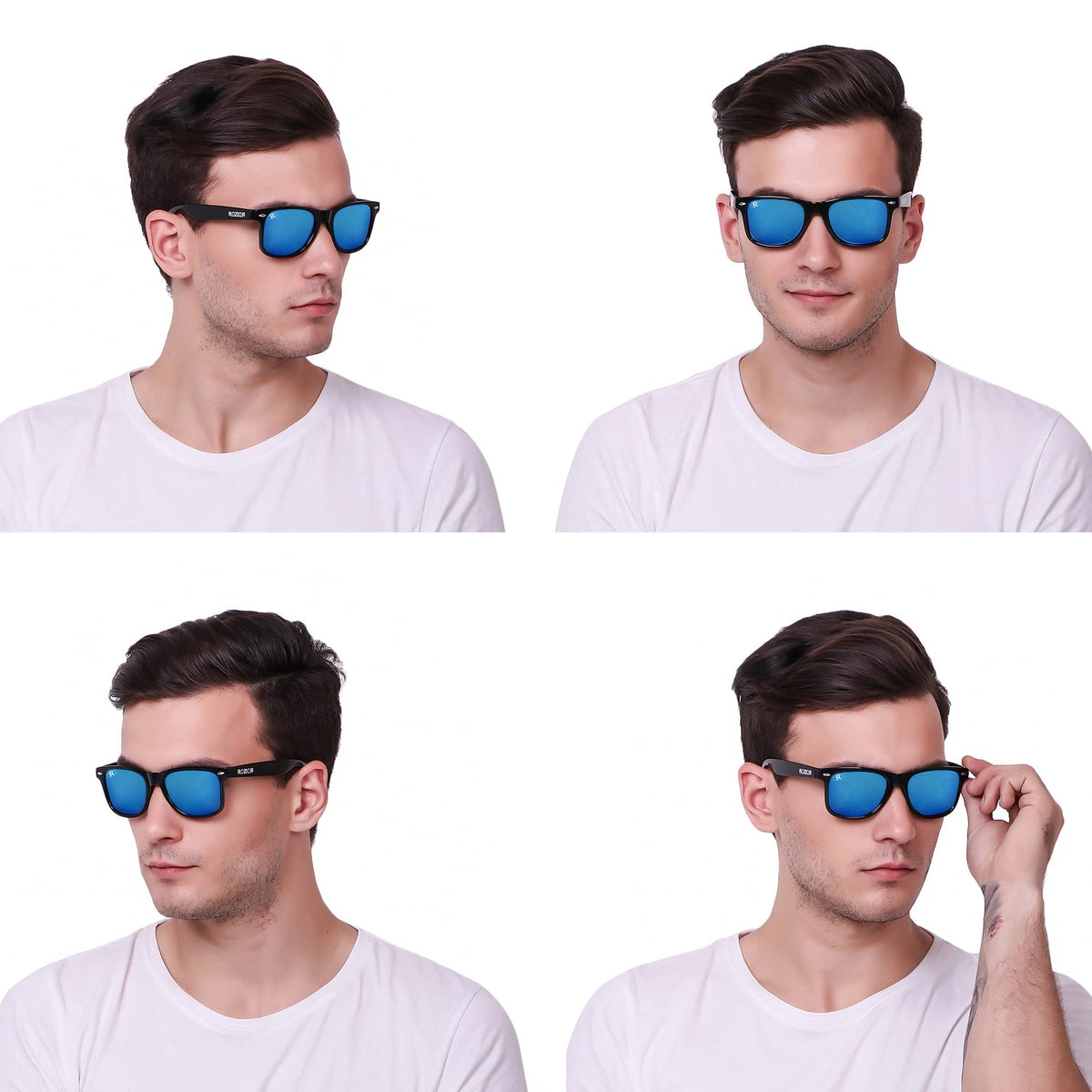 ROZIOR unisex Wayfarer sunglasses with blue mirror lenses and black frame for everyday wear