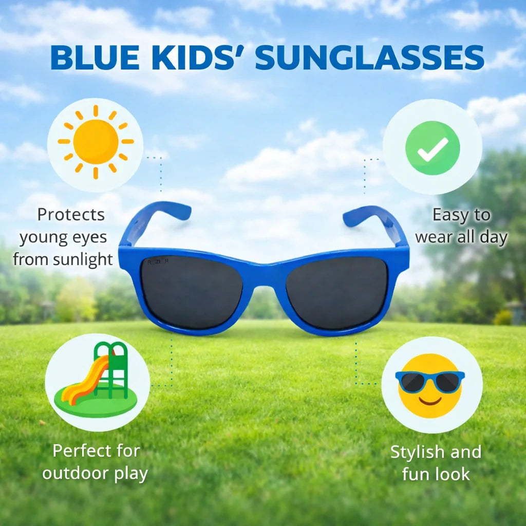 ROZIOR UV protection Wayfarer sunglasses for boys and girls with blue frame and black lenses