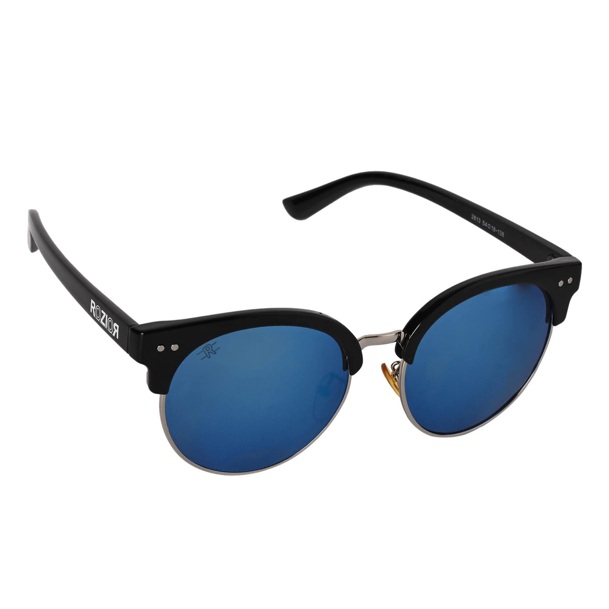 ROZIOR UV400 sunglasses with blue mirror lenses and black frame designed for driving, cycling, travel, and outdoor activities