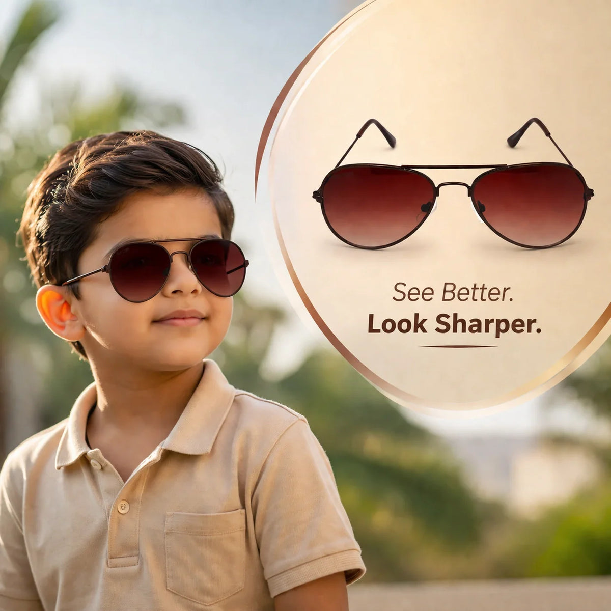 Side view of ROZIOR kids UV400 aviator sunglasses featuring a lightweight metal frame