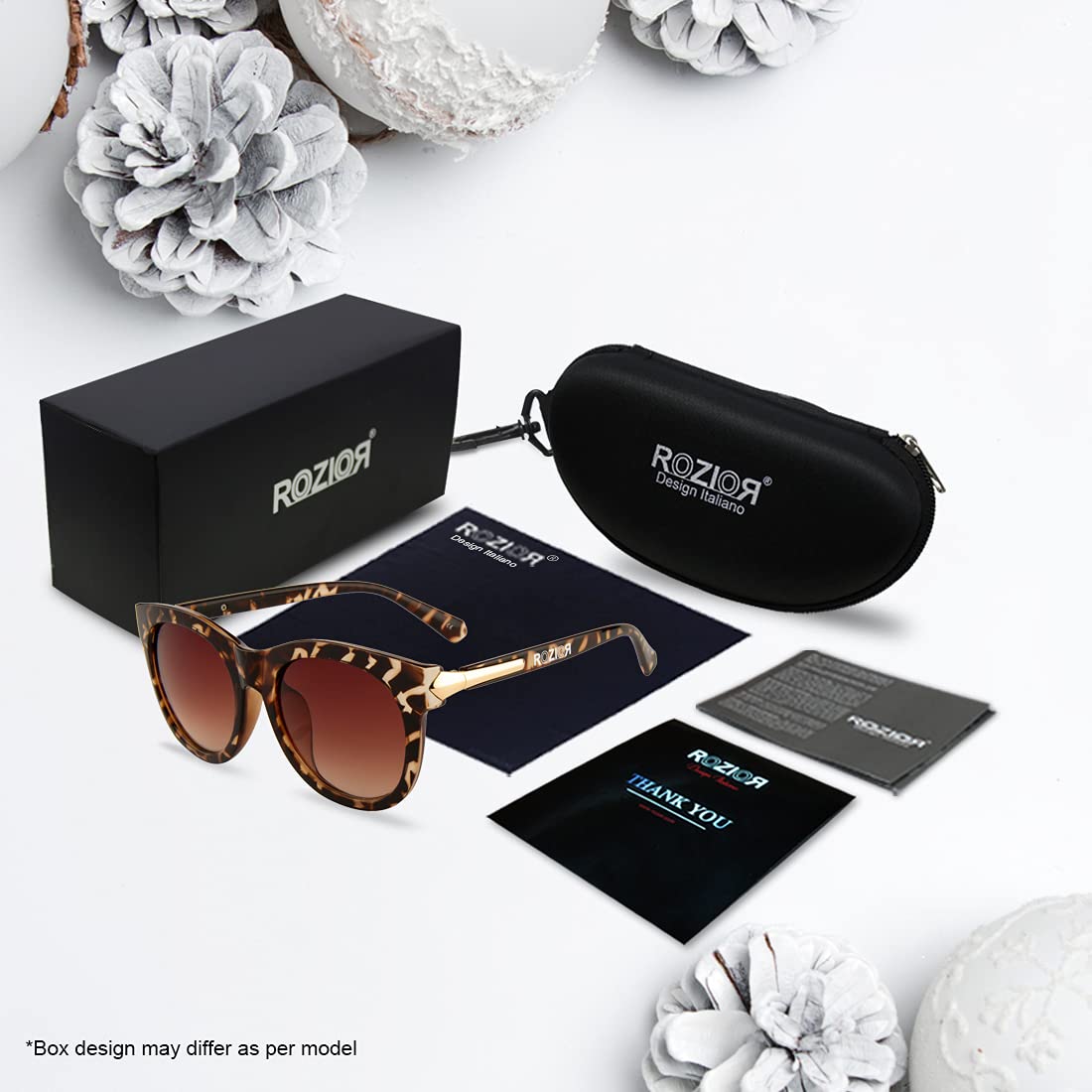 ROZIOR women's UV400 sunglasses with brown lenses and tortoise frame designed for travel, shopping, and outdoor activities