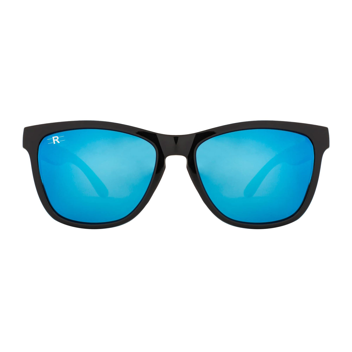 Angled view of ROZIOR Wayfarer sunglasses with blue mirror UV protection lenses and black frame