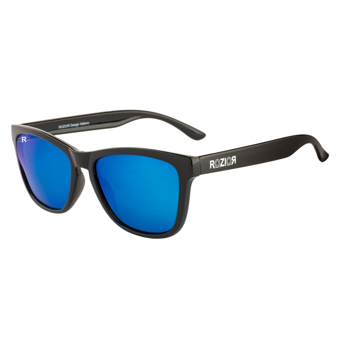 ROZIOR Wayfarer UV protection sunglasses for men and women with blue mirror lens and black frame front view