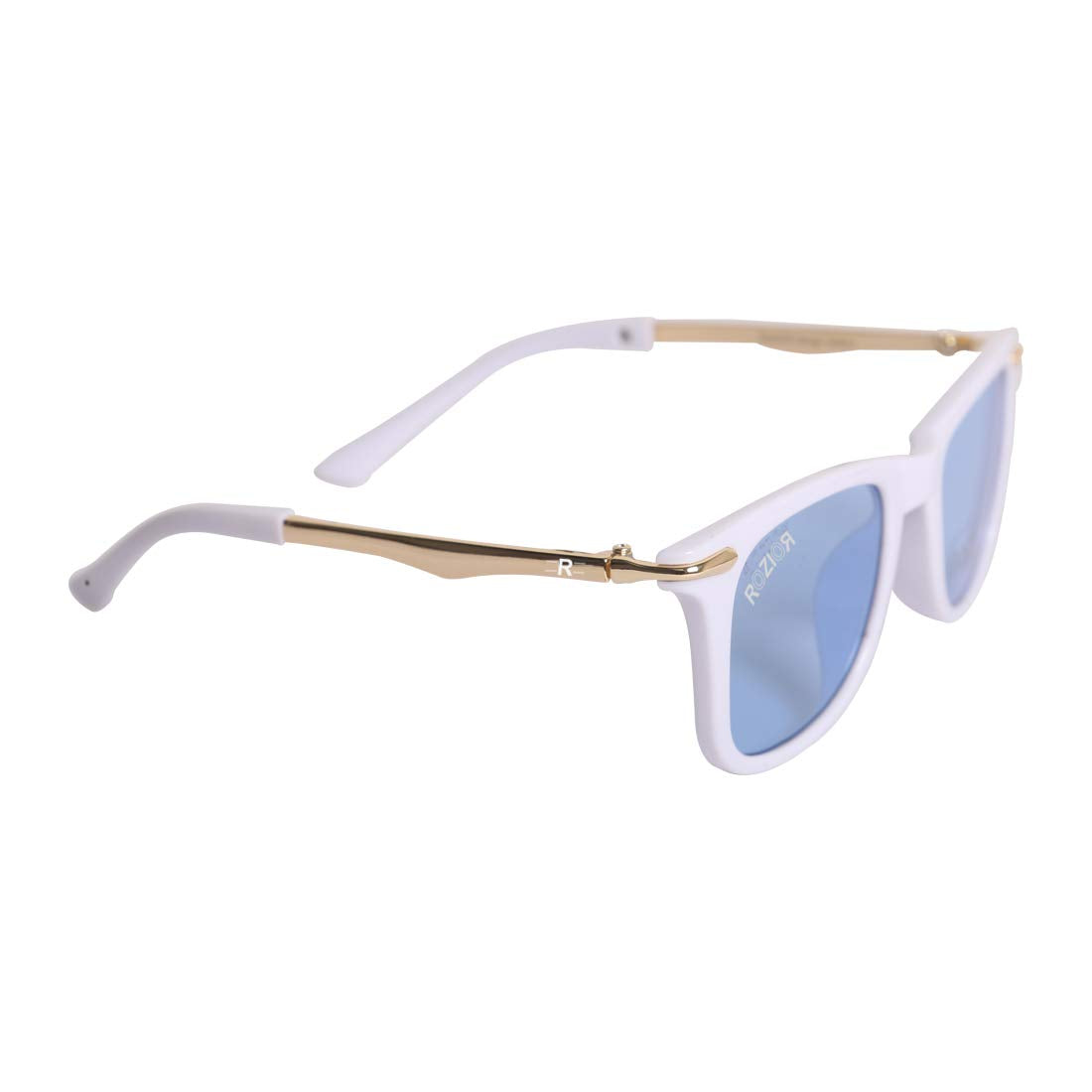 Angled view of ROZIOR children's sunglasses featuring a white frame and blue UV400 lenses