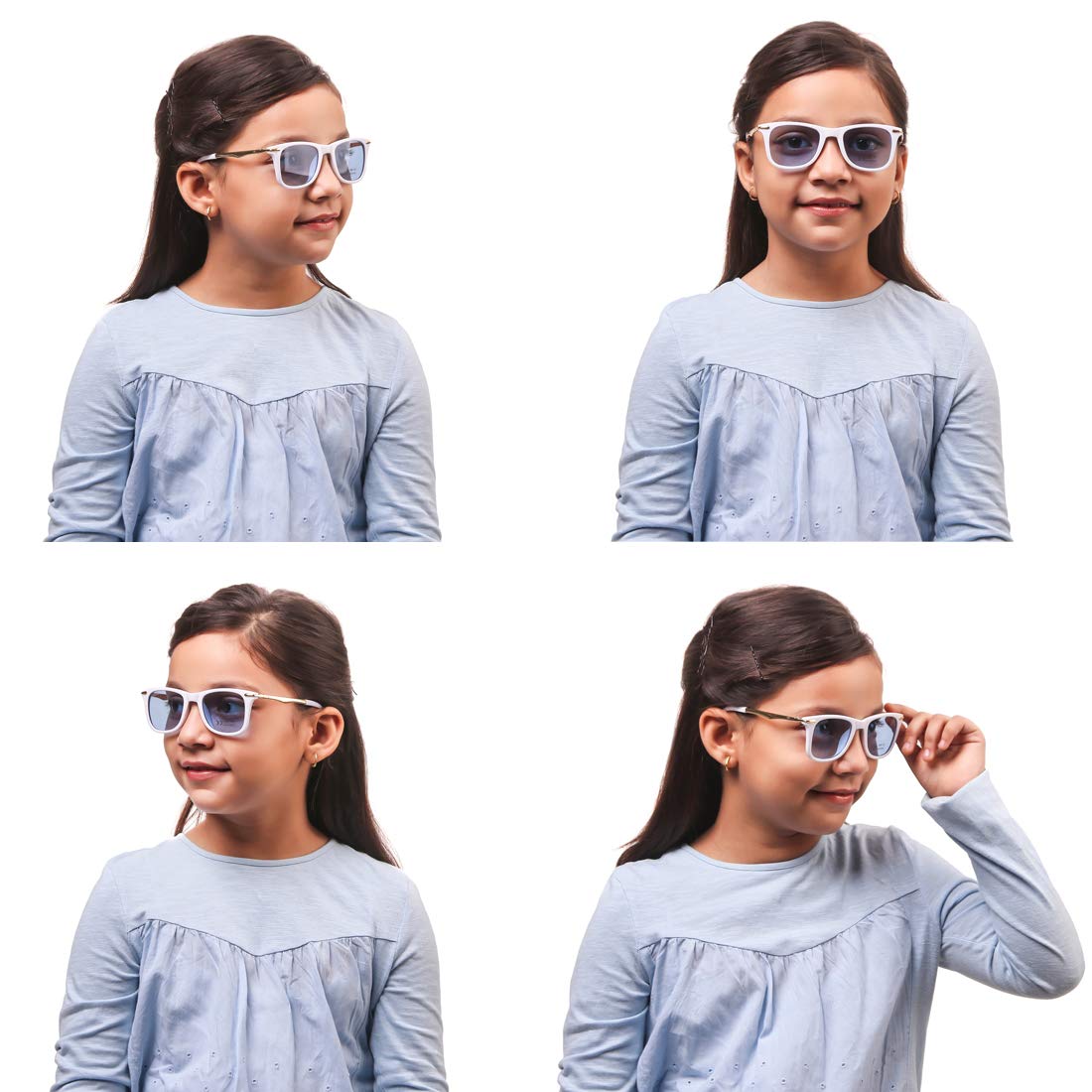 Detailed view of ROZIOR kids sunglasses showcasing the stylish white frame and blue UV400 lenses