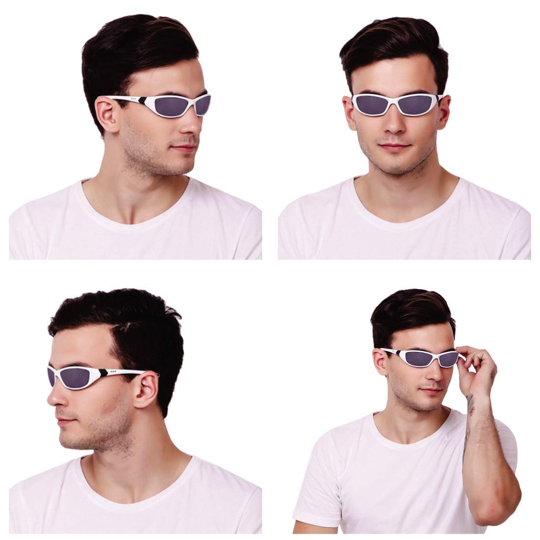 Detailed view of ROZIOR white frame polarized sunglasses highlighting reflective silver mirror lenses and durable construction