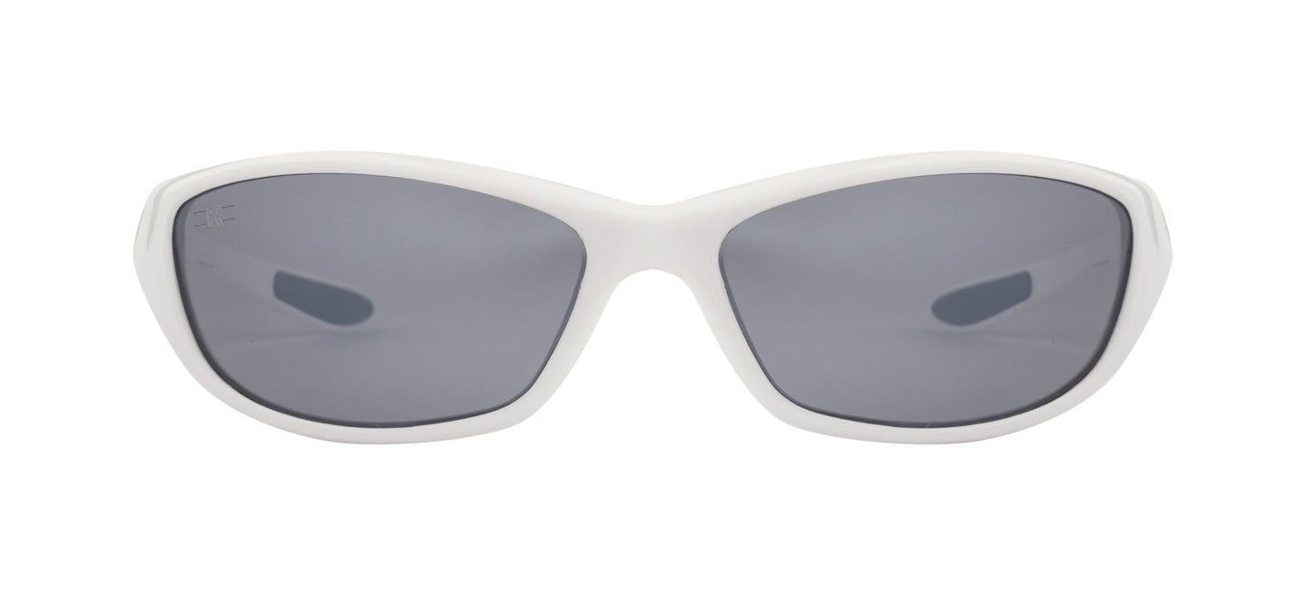 Angled view of ROZIOR unisex polarized sunglasses featuring a white frame and silver mirror UV400 lenses