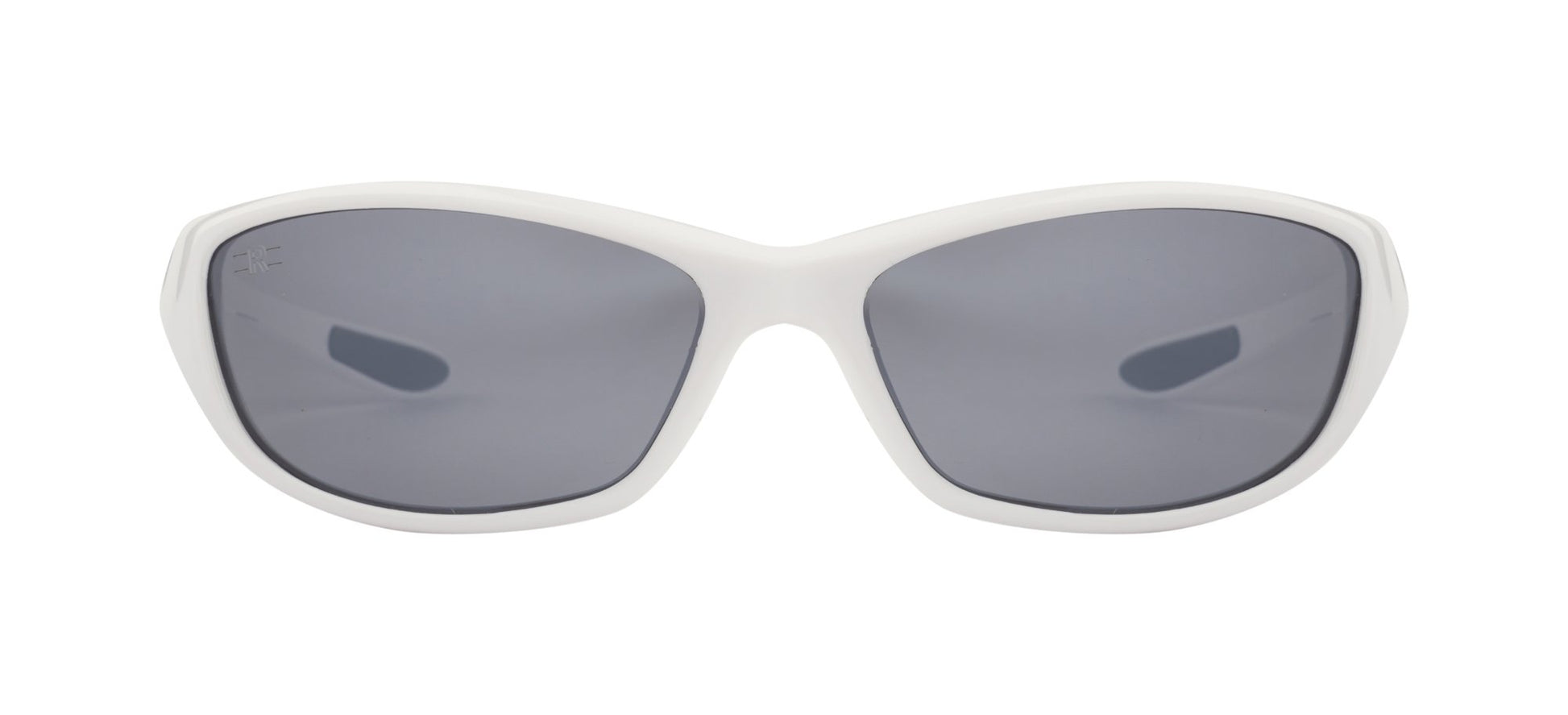 Angled view of ROZIOR unisex polarized sunglasses featuring a white frame and silver mirror UV400 lenses
