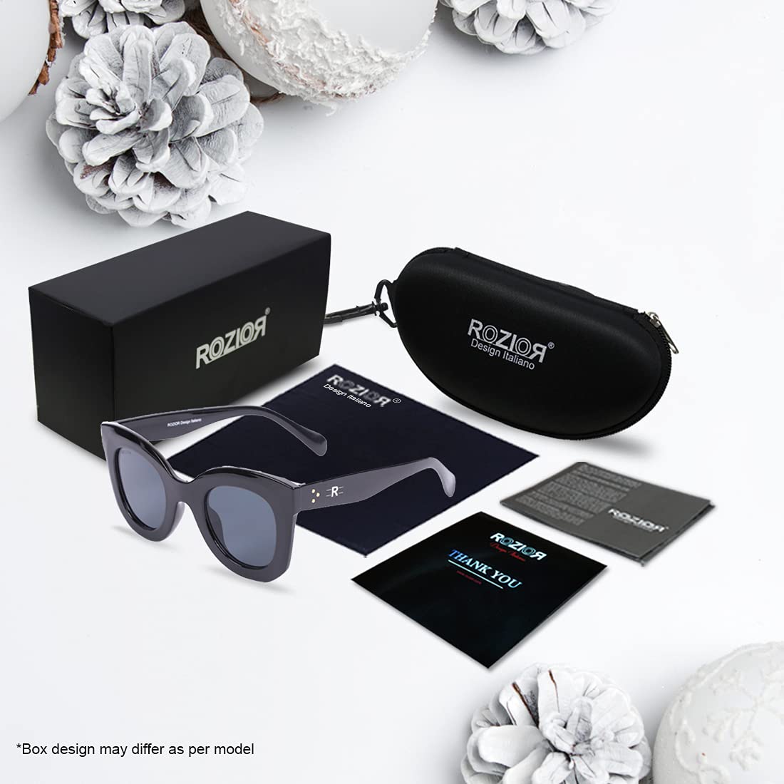 Close-up of ROZIOR women's sunglasses showcasing premium black UV400 lenses and black frame