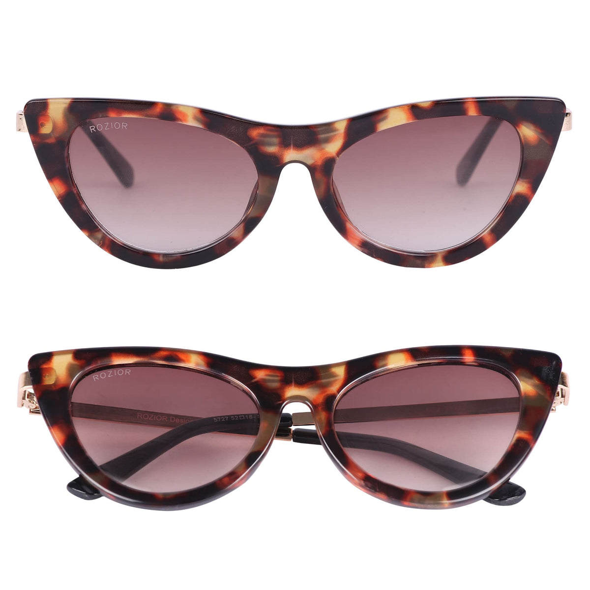 Angled view of ROZIOR women's sunglasses featuring a tortoise frame and brown UV400 lenses