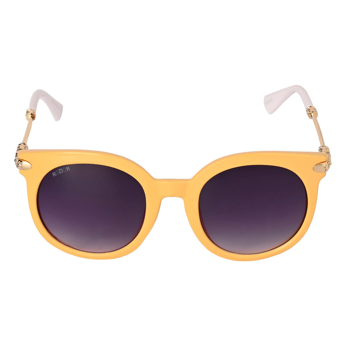 Angled view of ROZIOR unisex sunglasses featuring a yellow frame and gradient smoke UV400 lenses