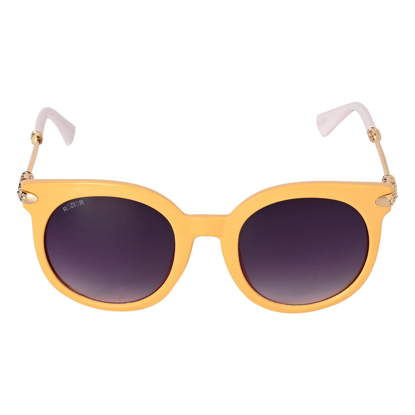 Angled view of ROZIOR unisex sunglasses featuring a yellow frame and gradient smoke UV400 lenses