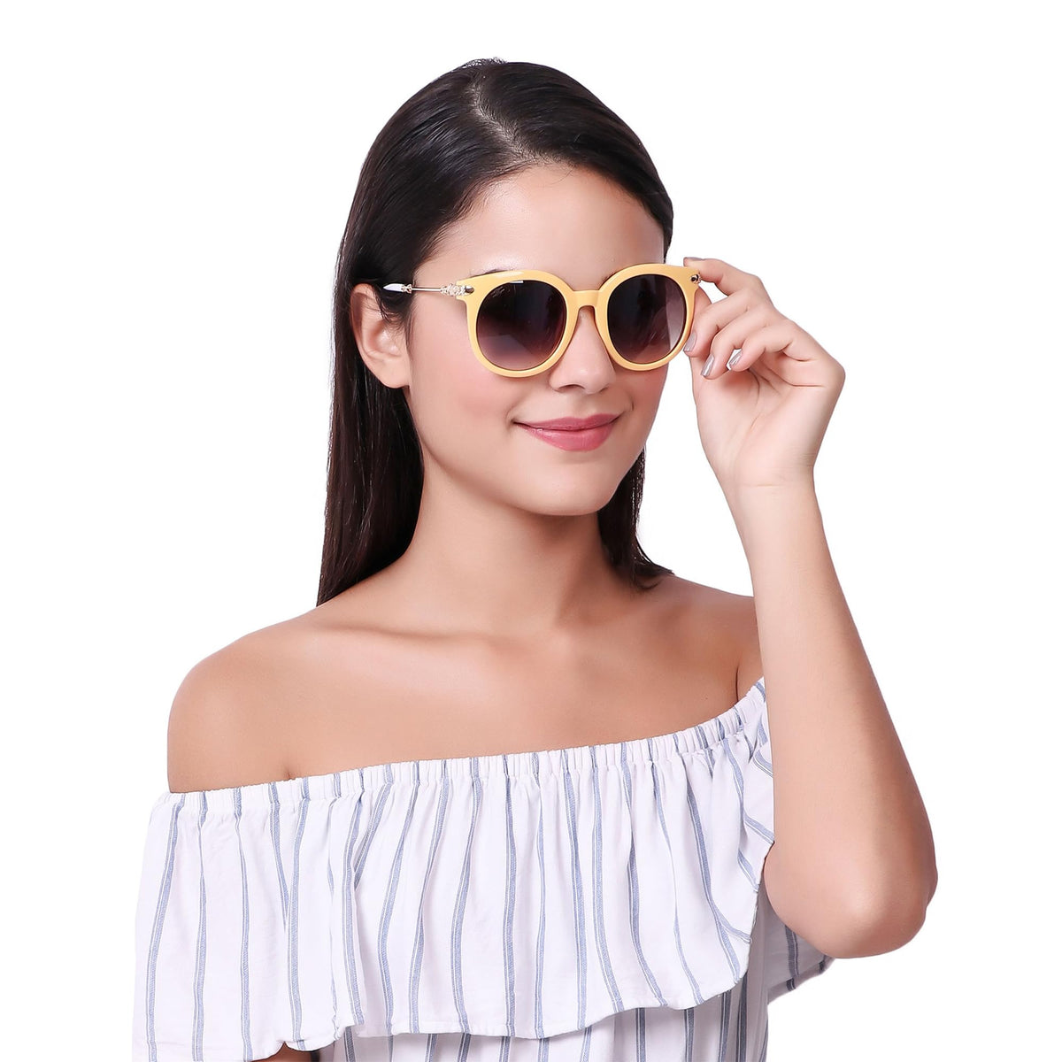 Detailed view of ROZIOR sunglasses highlighting the stylish yellow frame and gradient smoke UV400 lenses