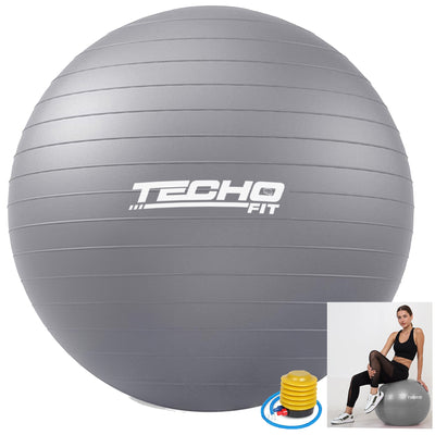 TechoFit 65cm Anti-Burst Yoga Ball | Swiss Exercise Ball for Fitness, Pregnancy, Core Training & Balance – Grey
