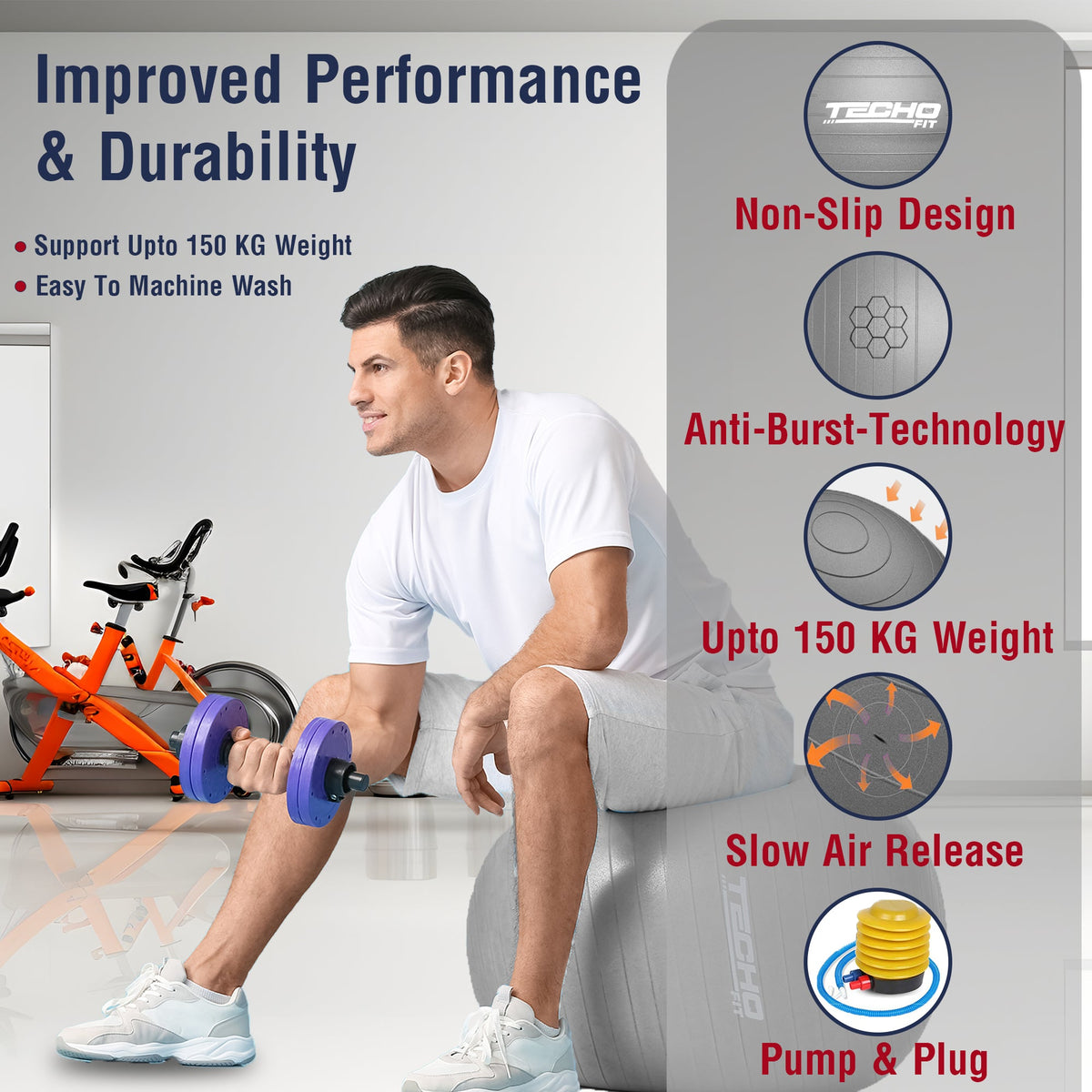 TechoFit 75cm fitness ball in grey ideal for pregnancy workouts, stretching, and balance exercises