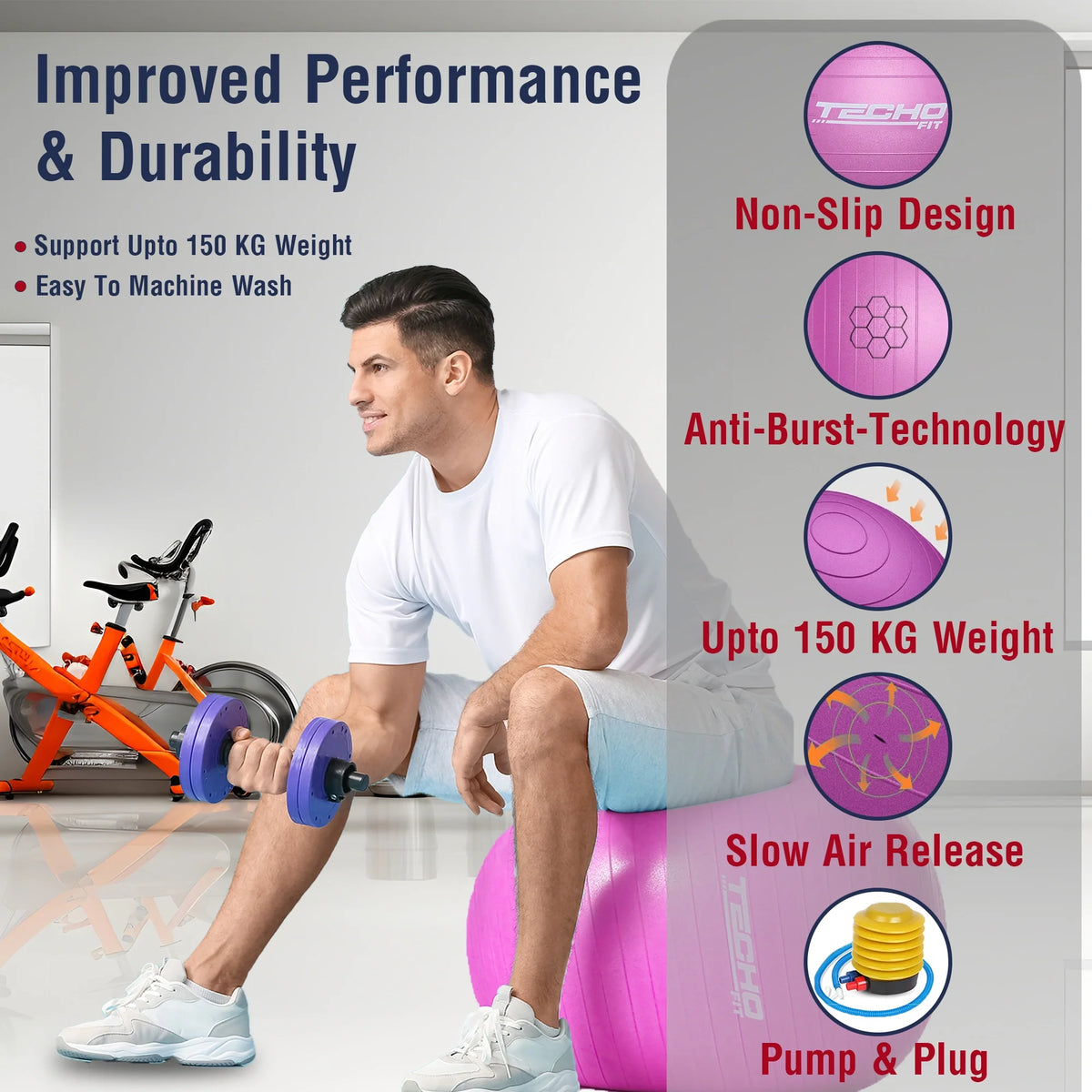 TechoFit 75cm fitness ball in purple ideal for pregnancy workouts, stretching, and balance exercises