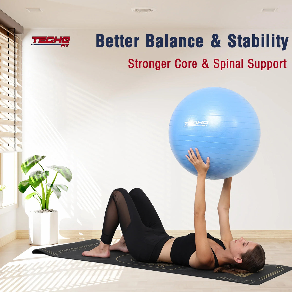Front view of TechoFit 75cm Swiss exercise ball in blue for yoga, Pilates, and home workouts