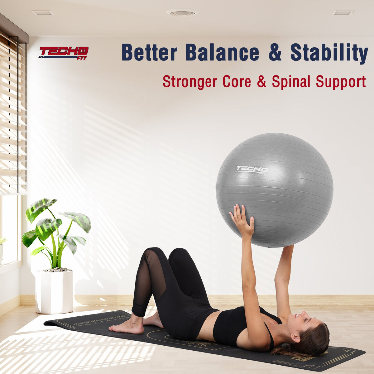 Front view of TechoFit 75cm Swiss exercise ball in grey for yoga, Pilates, and home workouts