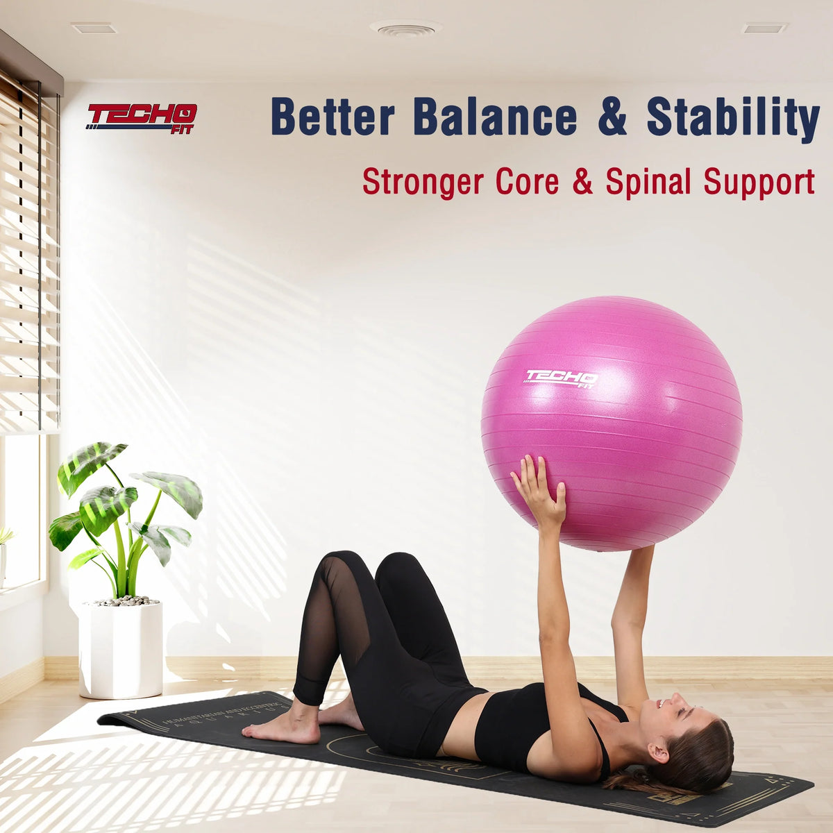 Front view of TechoFit 75cm Swiss exercise ball in purple for yoga, Pilates, and home workouts