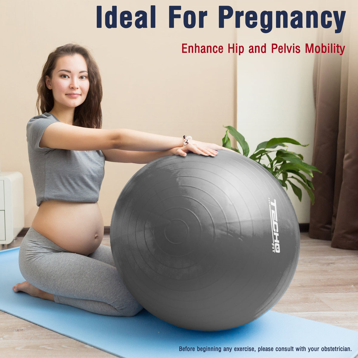 TechoFit balance ball for home gym, yoga, stretching, posture improvement and flexibility exercises.