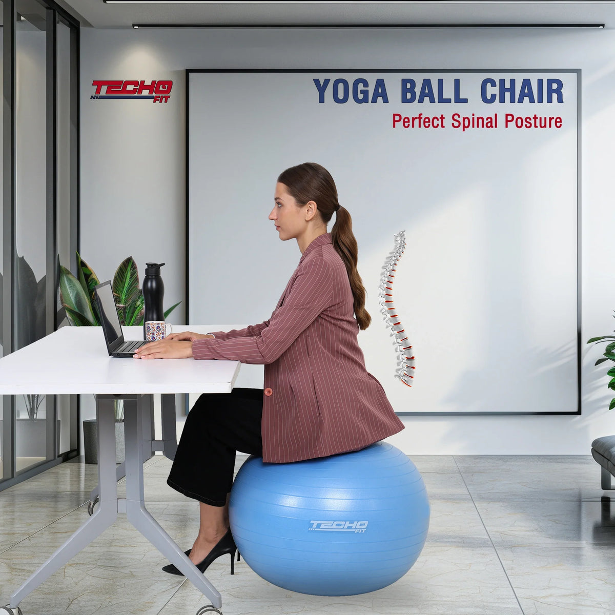 TechoFit blue 75cm yoga ball designed for core strength, stability, and flexibility training