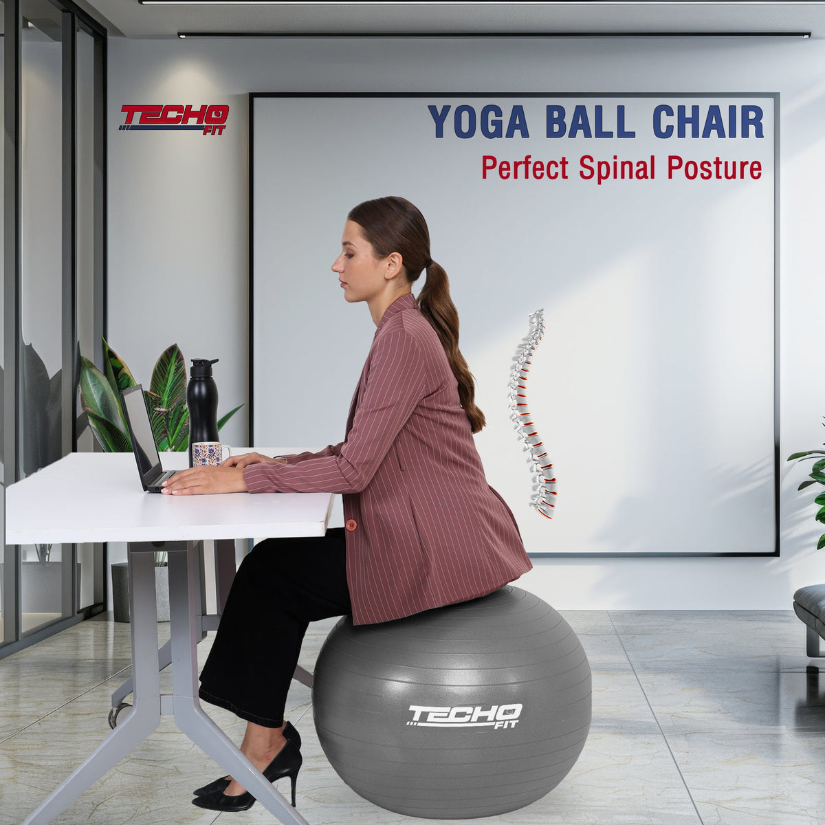 TechoFit grey 75cm yoga ball designed for core strength, stability, and flexibility training