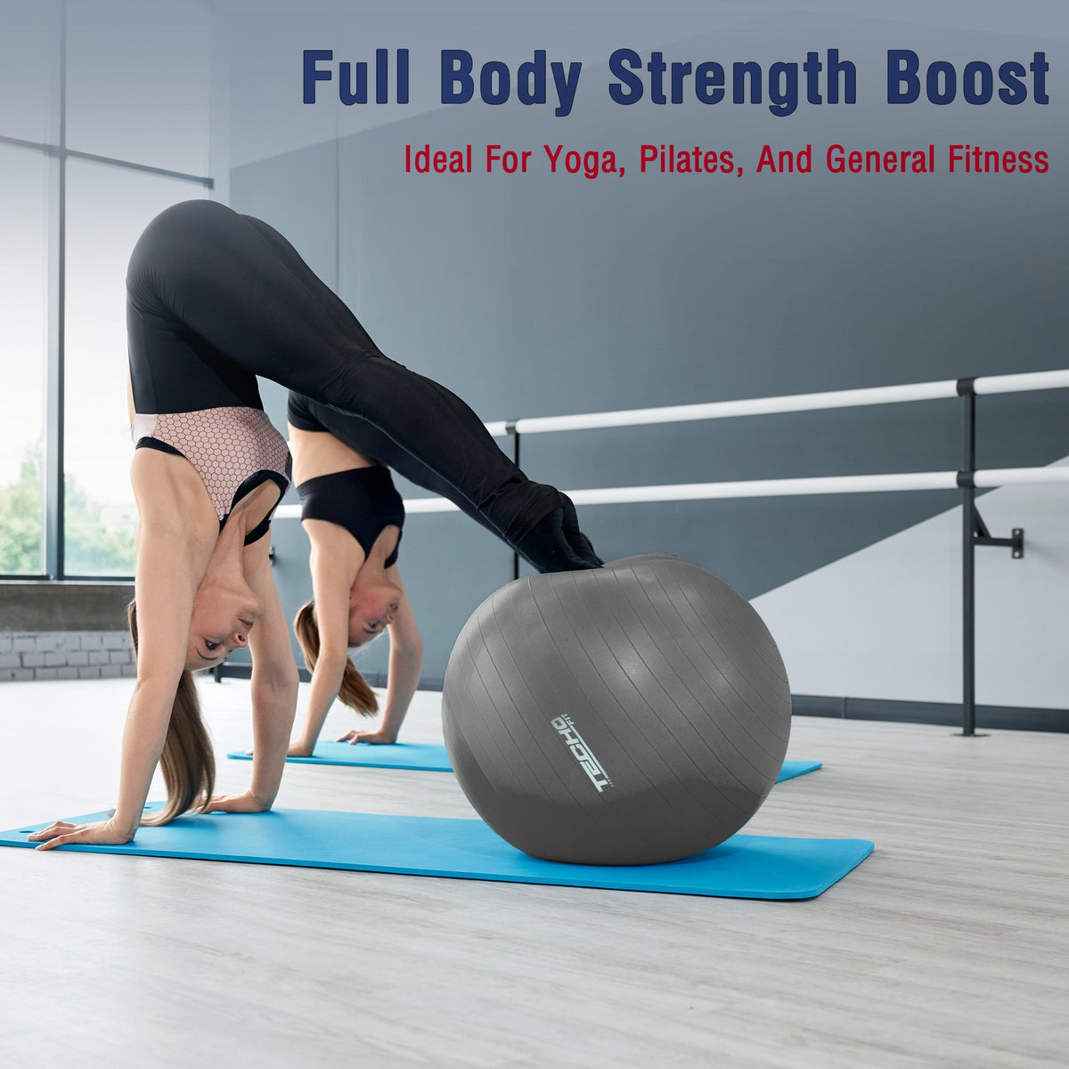 Durable TechoFit 75cm grey yoga ball for strength training, Pilates, and rehabilitation exercises